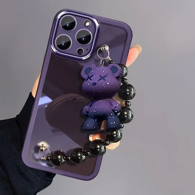 Electroplating TPU Soft Protective Purple Case with Teddy Bear Bracelet - For iPhones