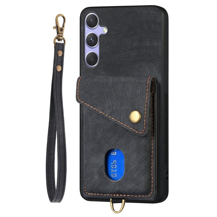 Retro Card Wallet Fold PU Leather Phone Case with Strap - For Samsung Galaxy S25 Ultra / S25+