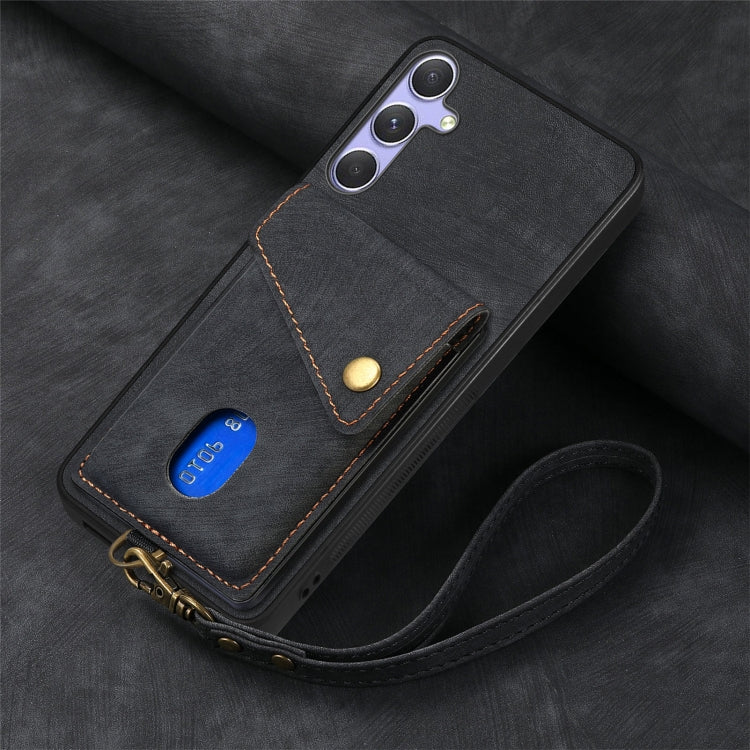 Retro Card Wallet Fold PU Leather Phone Case with Strap - For Samsung Galaxy S25 Ultra / S25+