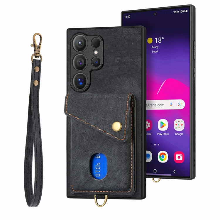 Retro Card Wallet Fold PU Leather Phone Case with Strap - For Samsung Galaxy S25 Ultra / S25+