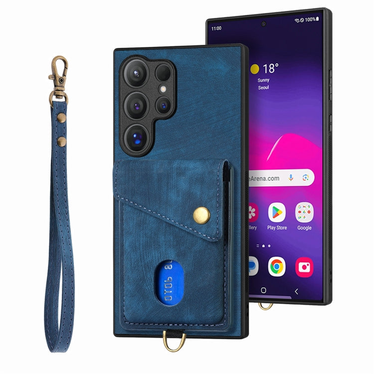Retro Card Wallet Fold PU Leather Phone Case with Strap - For Samsung Galaxy S25 Ultra / S25+