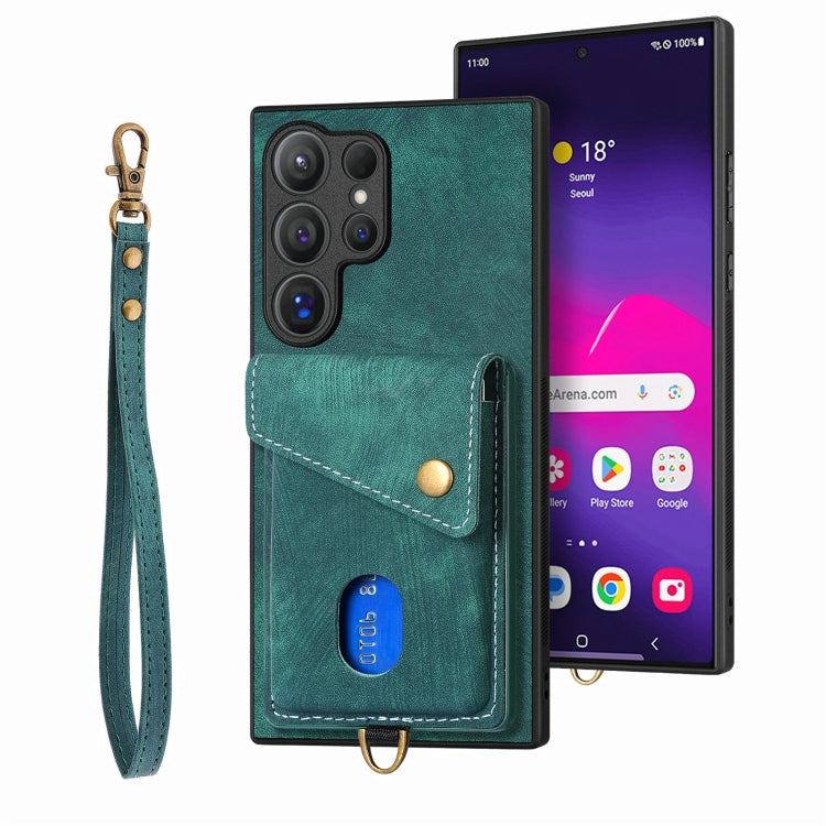 Retro Card Wallet Fold PU Leather Phone Case with Strap - For Samsung Galaxy S25 Ultra / S25+