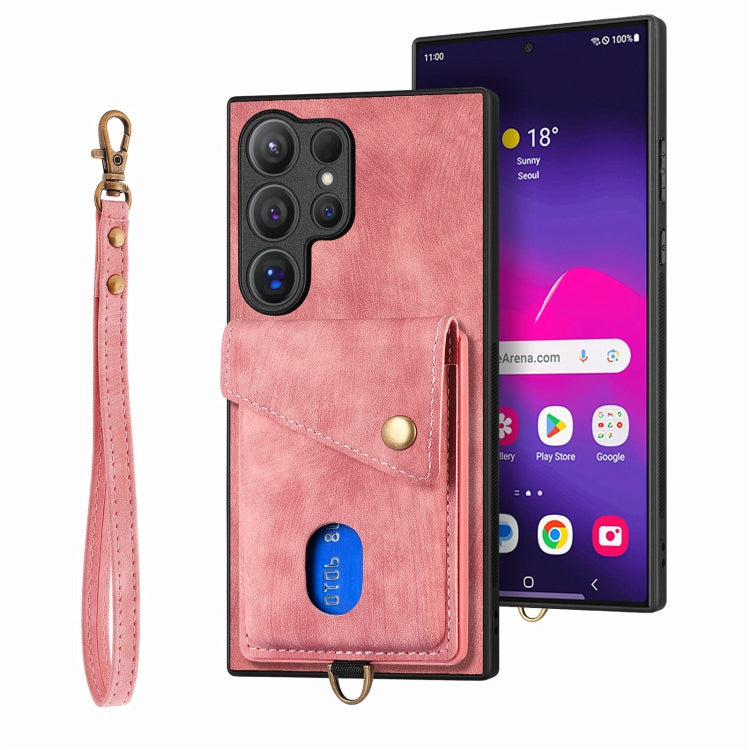 Retro Card Wallet Fold PU Leather Phone Case with Strap - For Samsung Galaxy S25 Ultra / S25+