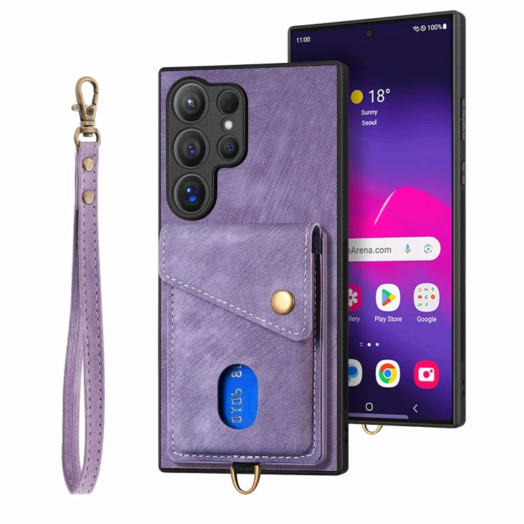 Retro Card Wallet Fold PU Leather Phone Case with Strap - For Samsung Galaxy S25 Ultra / S25+