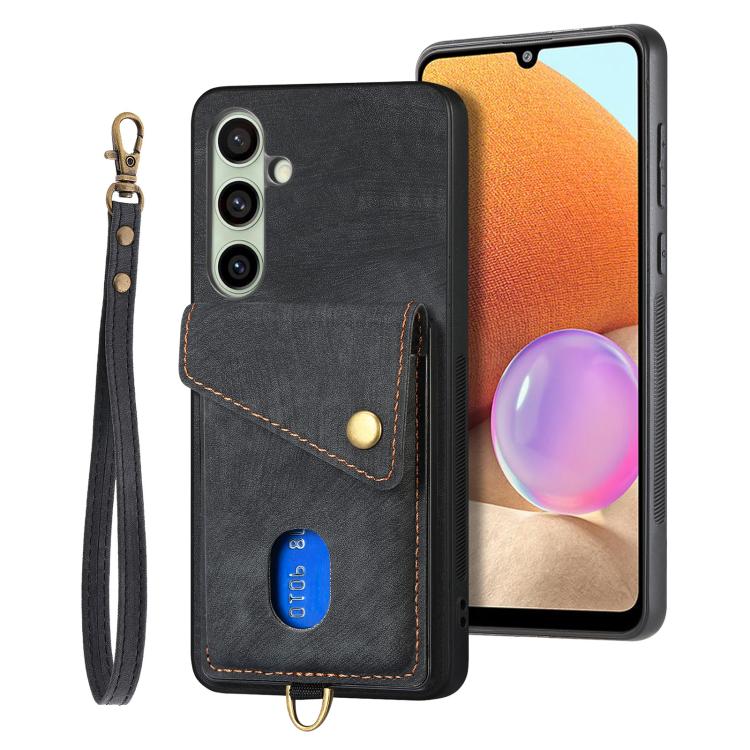Retro Card Wallet Fold PU Leather Phone Case with Strap - For Samsung Galaxy S25 Edge / S25 / A56 / A36