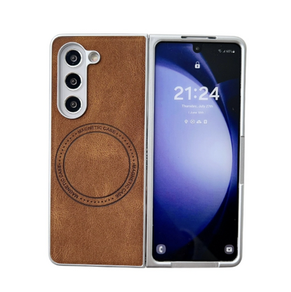 Skin Feel PU Leather Texture MagSafe Pearlescent Paint Brown Phone Case - For Samsung Galaxy Z Fold5 - MosAccessories.co.uk