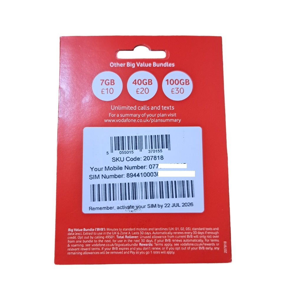 Vodafone Pay As You Go Sim Card 30 Day Bundle - £15 - MosAccessories.co.uk