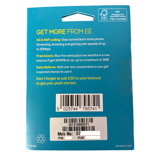 EE Pay As You Go Sim Card - £30 Subscription Pack Back - MosAccessories.co.uk