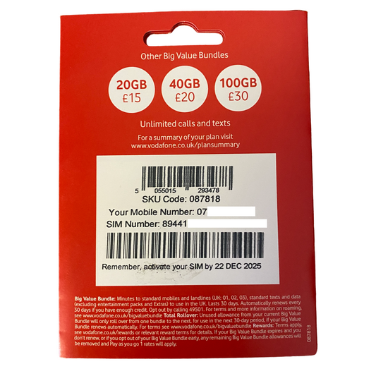 Vodafone Pay As You Go Sim Card 30 Day Bundle Back - £10 - MosAccessories.co.uk