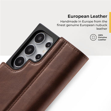 Snakehive Genuine Leather Brown Wallet Case with Viewing Stand and 3 Card Holder - For Samsung Galaxy S24 Ultra