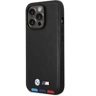 BMW Black with Tricolour Bottom Lines PU Leather M Collection Case - For iPhone 14 Pro Max - mosaccessories