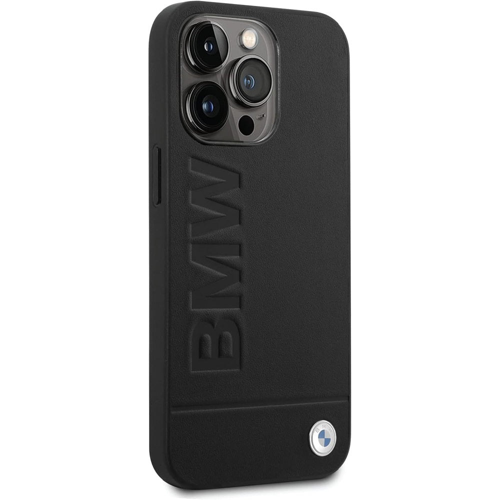 BMW Black Signature Logo Imprint Hard Phone Case - For iPhone 14 Pro Max Back Right Side View - mosaccessories