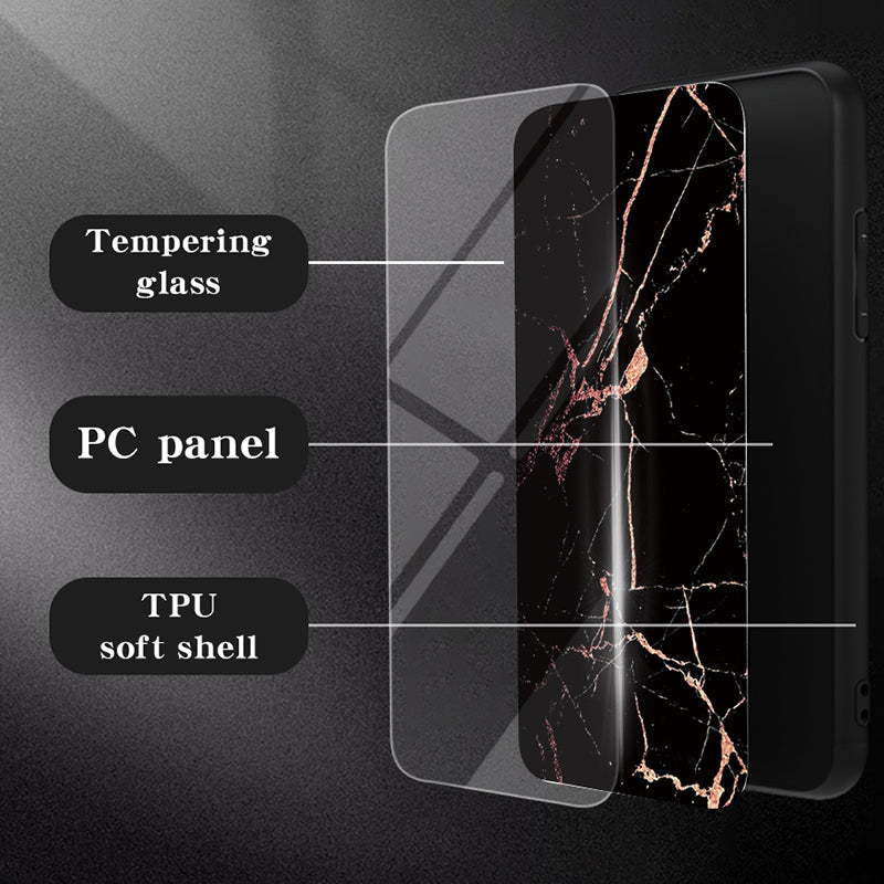 Tempered Glass + PC + TPU Black Marble Pattern Printing Back Shell - For Samsung Galaxy S24