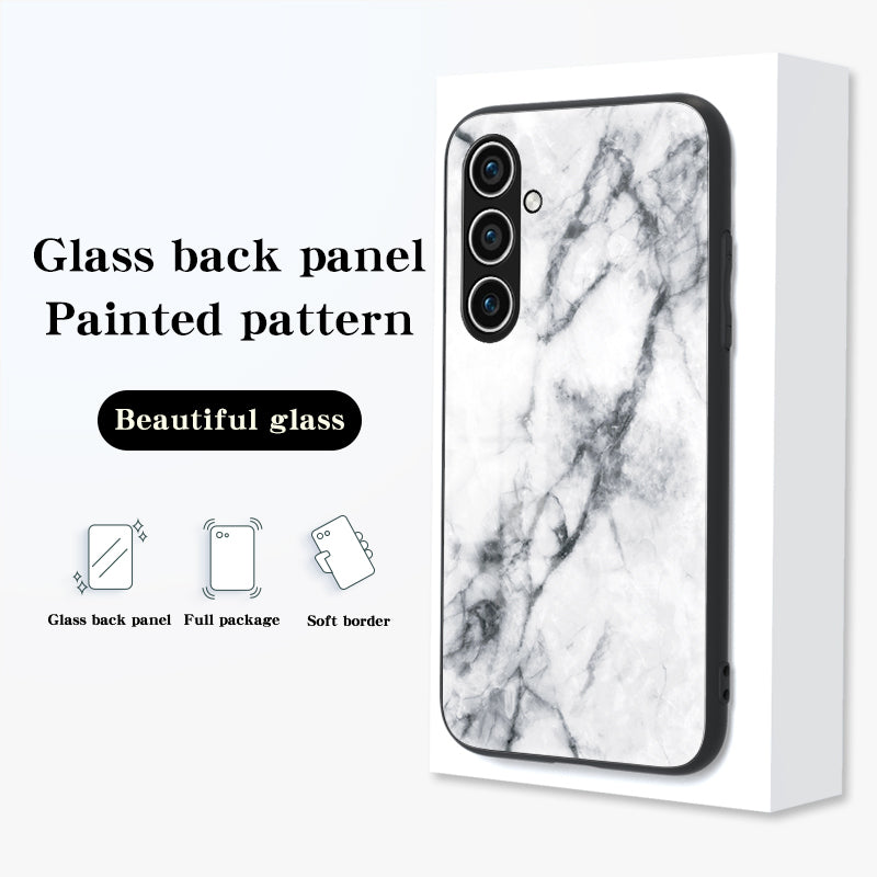 Tempered Glass + PC + TPU Black Marble Pattern Printing Back Shell - For Samsung Galaxy S24