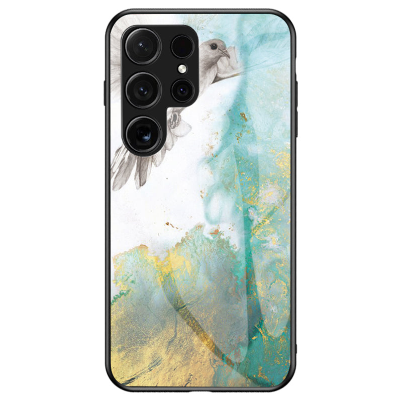 Tempered Glass + PC + TPU Cover with Flying Pigeon Printed Marble Pattern - For Samsung Galaxy S24 Ultra