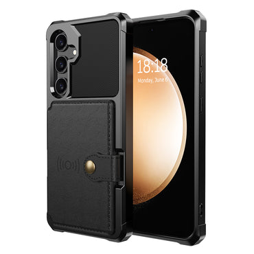 Soft TPU + PU Leather Card Slot Kickstand Black Phone Case - For Samsung Galaxy S24