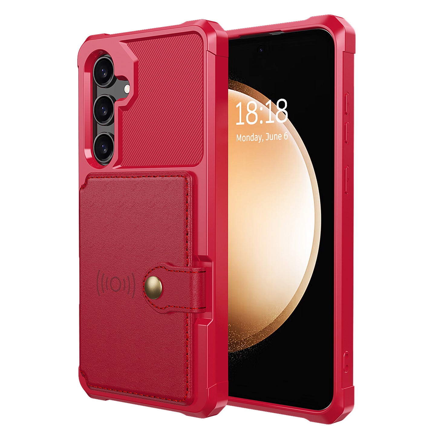 Soft TPU + PU Leather Card Slot Kickstand Red Phone Case - For Samsung Galaxy S24