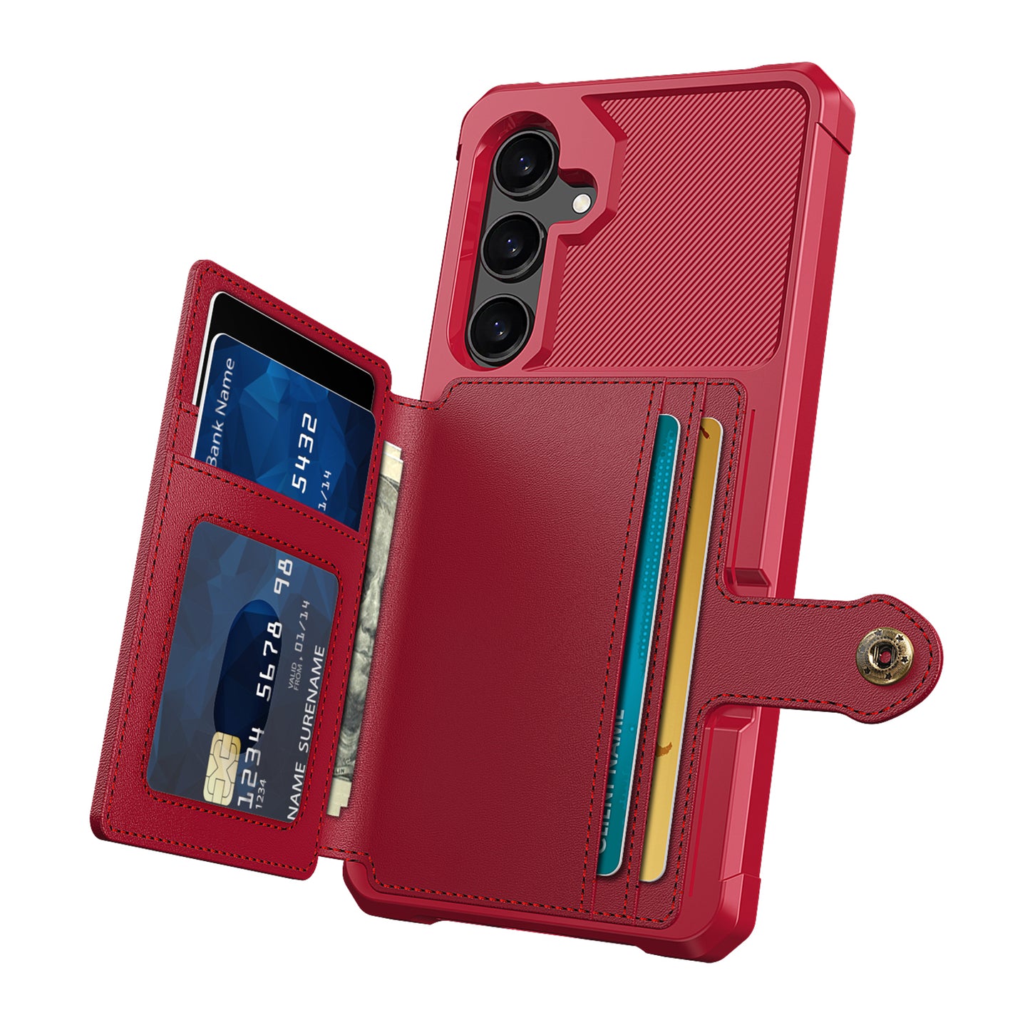Soft TPU + PU Leather Card Slot Kickstand Red Phone Case - For Samsung Galaxy S24