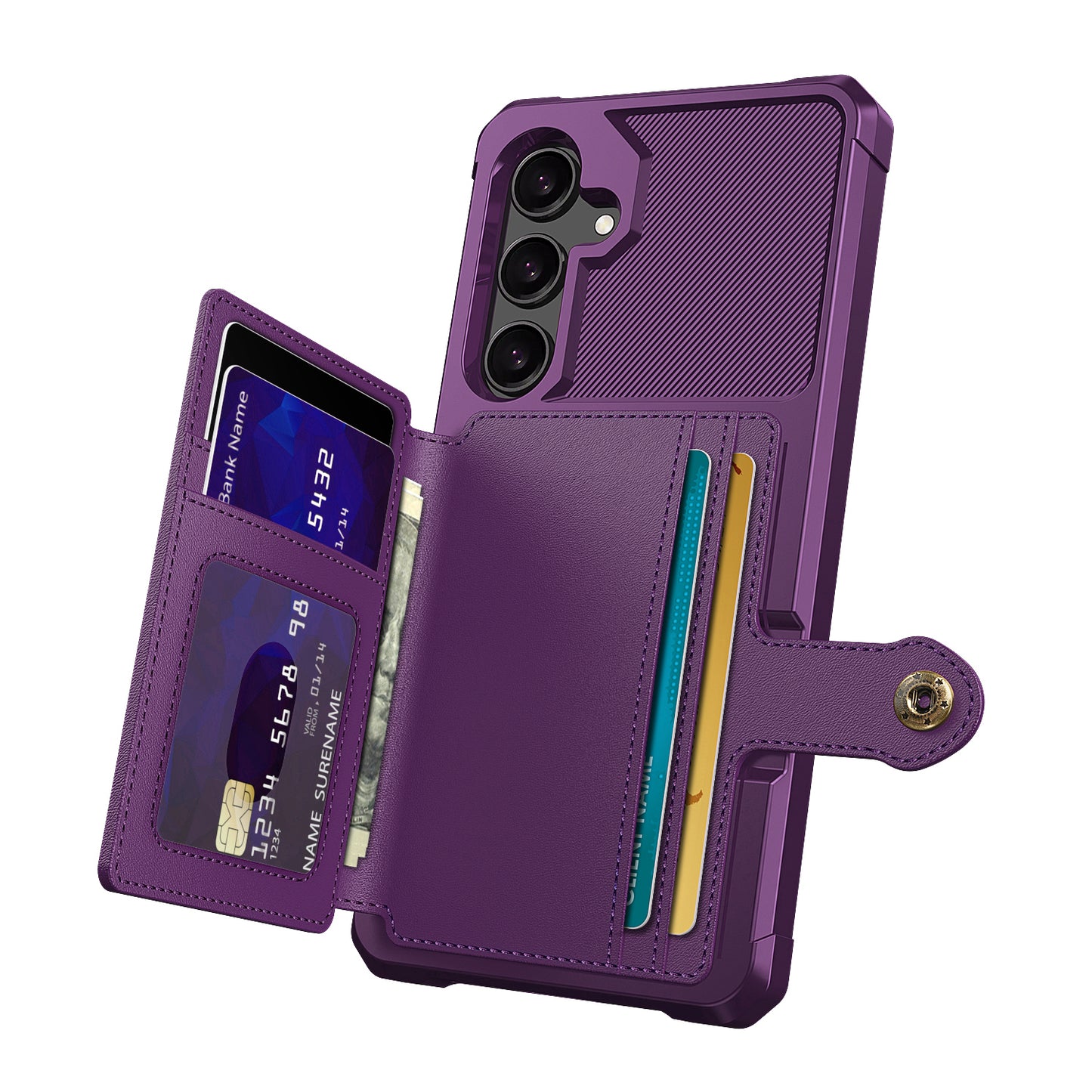 Soft TPU + PU Leather Card Slot Kickstand Purple Phone Case - For Samsung Galaxy S24