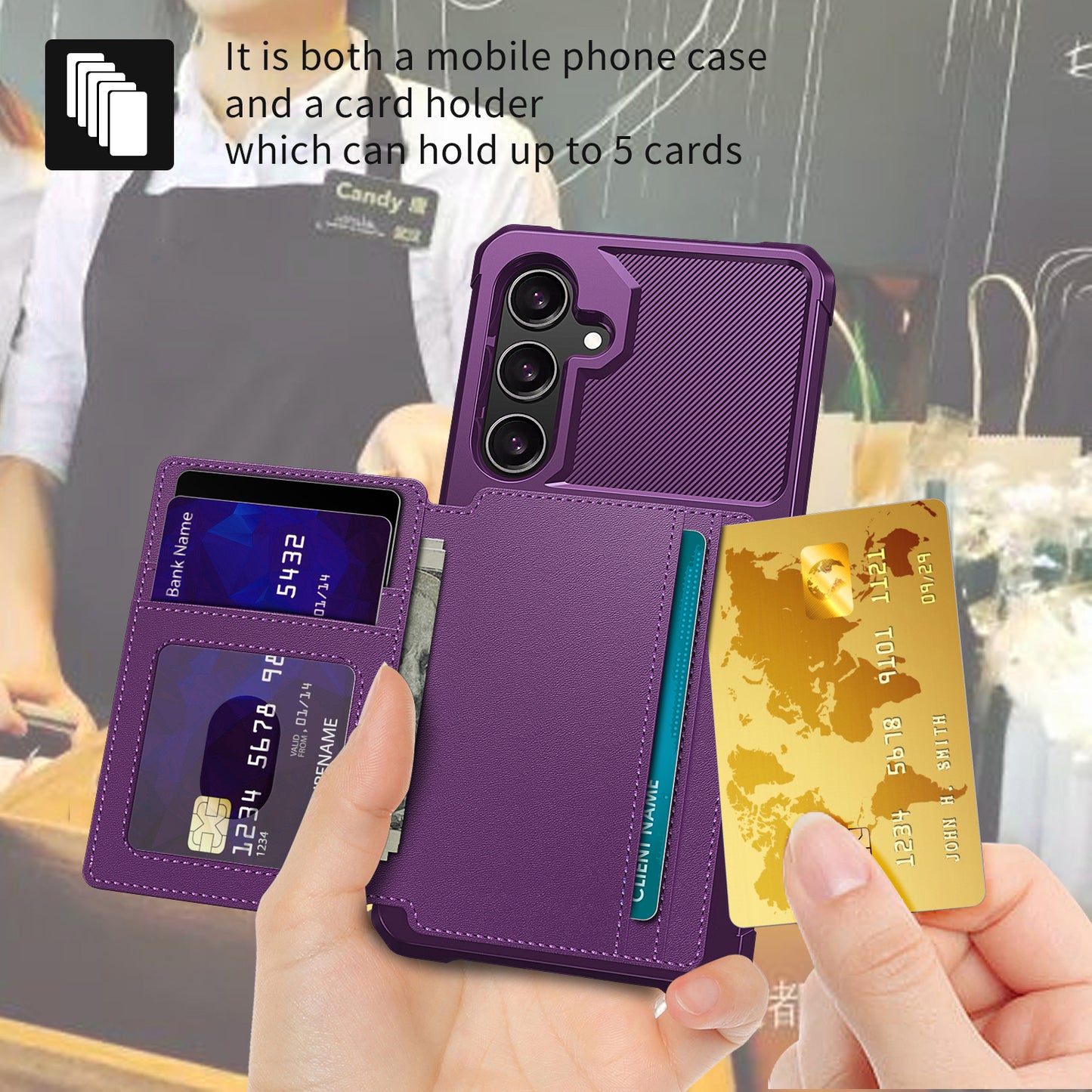 Soft TPU + PU Leather Card Slot Kickstand Purple Phone Case - For Samsung Galaxy S24
