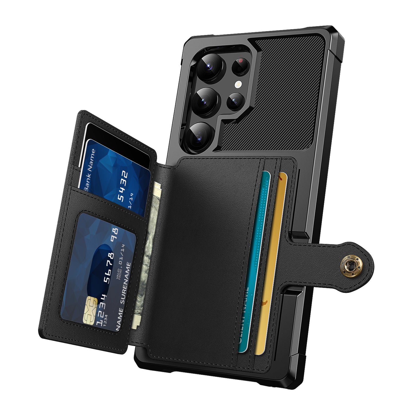 Slim-Fit PU Leather + TPU Kickstand Black Smart Phone Case - For Samsung Galaxy S24 Ultra