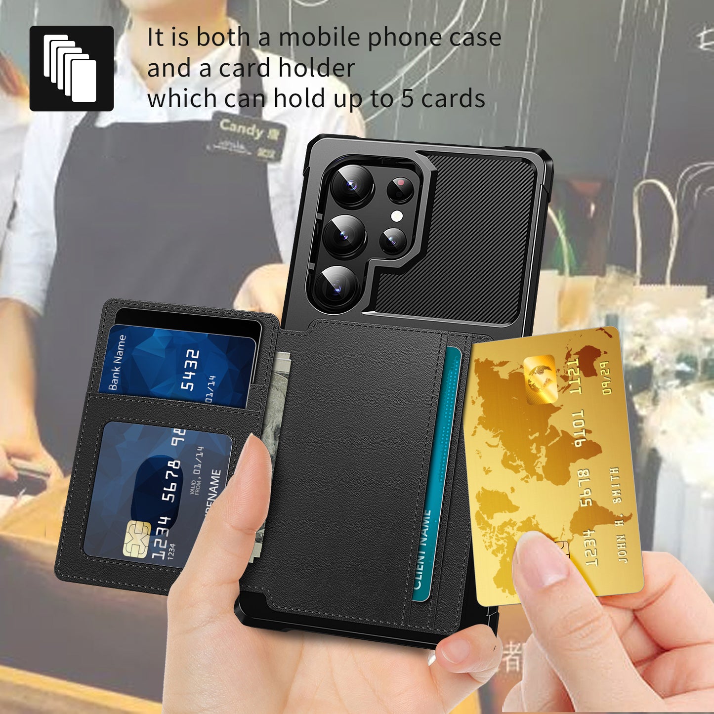 Slim-Fit PU Leather + TPU Kickstand Black Smart Phone Case - For Samsung Galaxy S24 Ultra