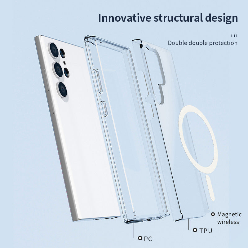 Magnetic Phone Case PC + TPU Scratch-proof Clear Black Back Cover - For Samsung Galaxy S24 Ultra