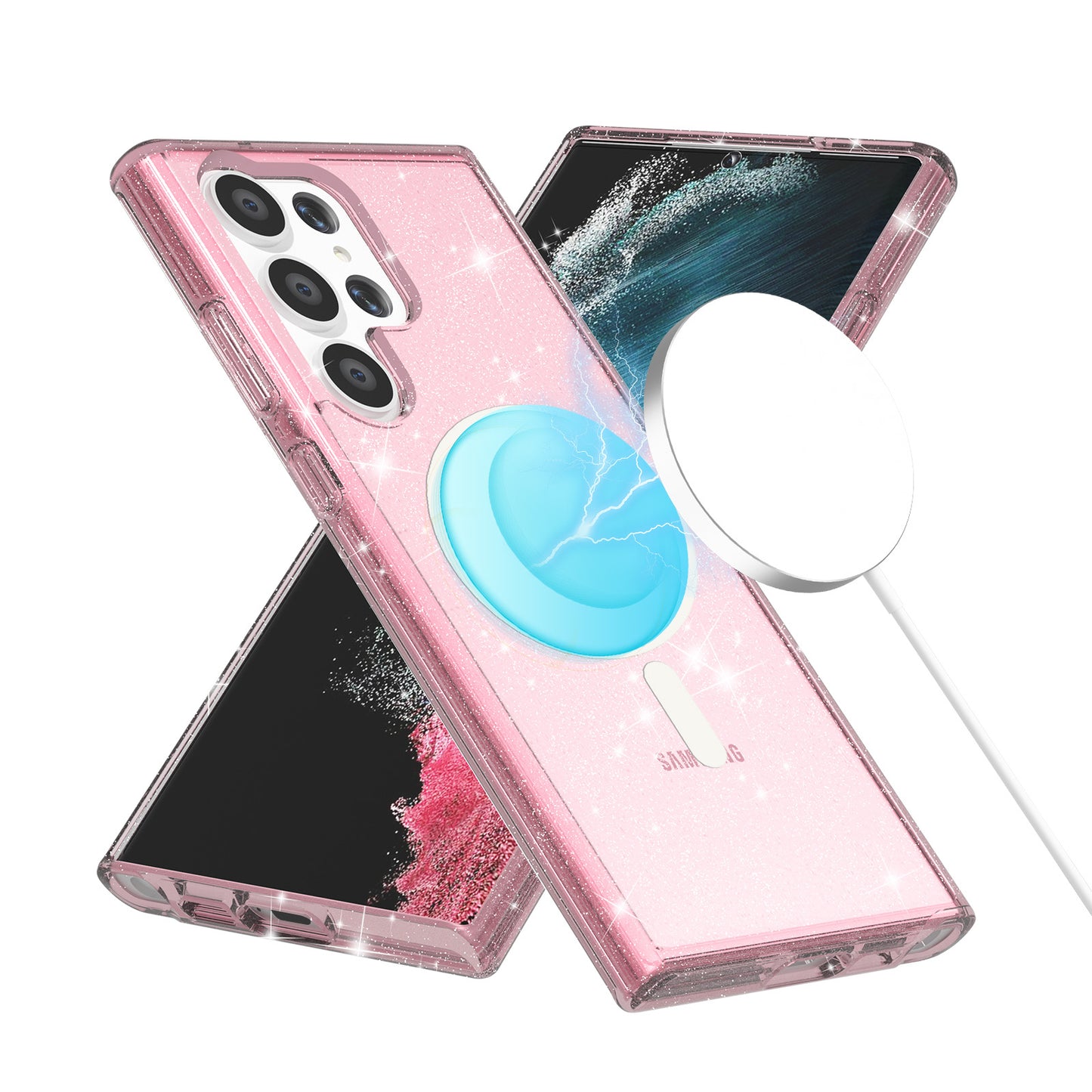 Magnetic Case Glitter Hard PC + Soft TPU Pink Phone Back Cover - For Samsung Galaxy S24 Ultra