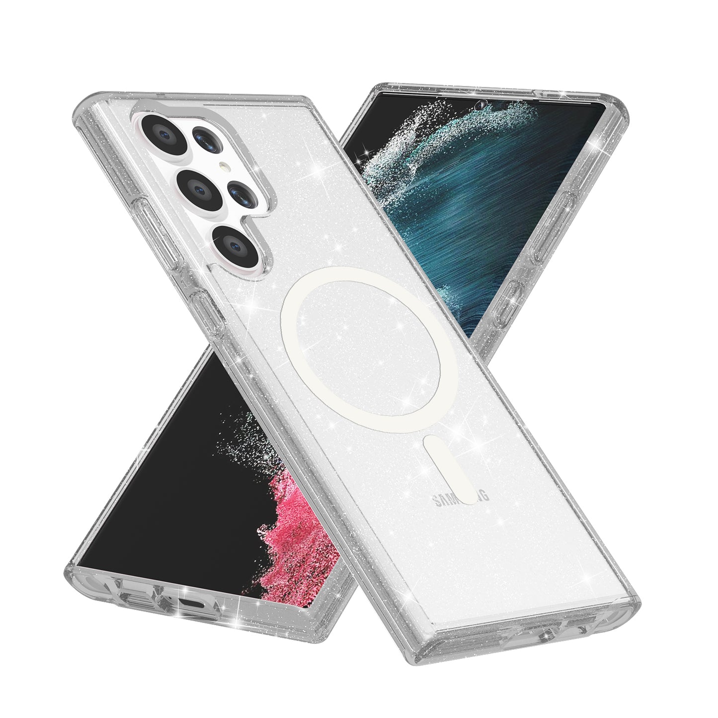 Magnetic Case Glitter Hard PC + Soft TPU White Phone Back Cover - For Samsung Galaxy S24 Ultra