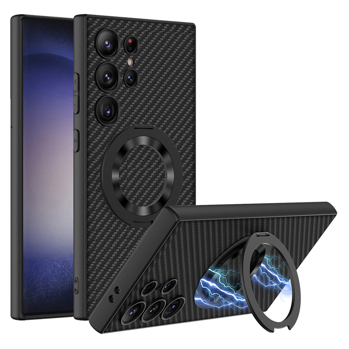 GKK Carbon Fiber Texture Magnetic Phone Case with Rotary Ring Kickstand - For Samsung Galaxy S24 Ultra