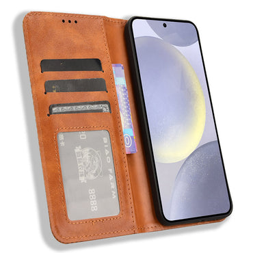 Wallet Phone Case Retro Texture Brown Leather Cover - For Samsung Galaxy S24+