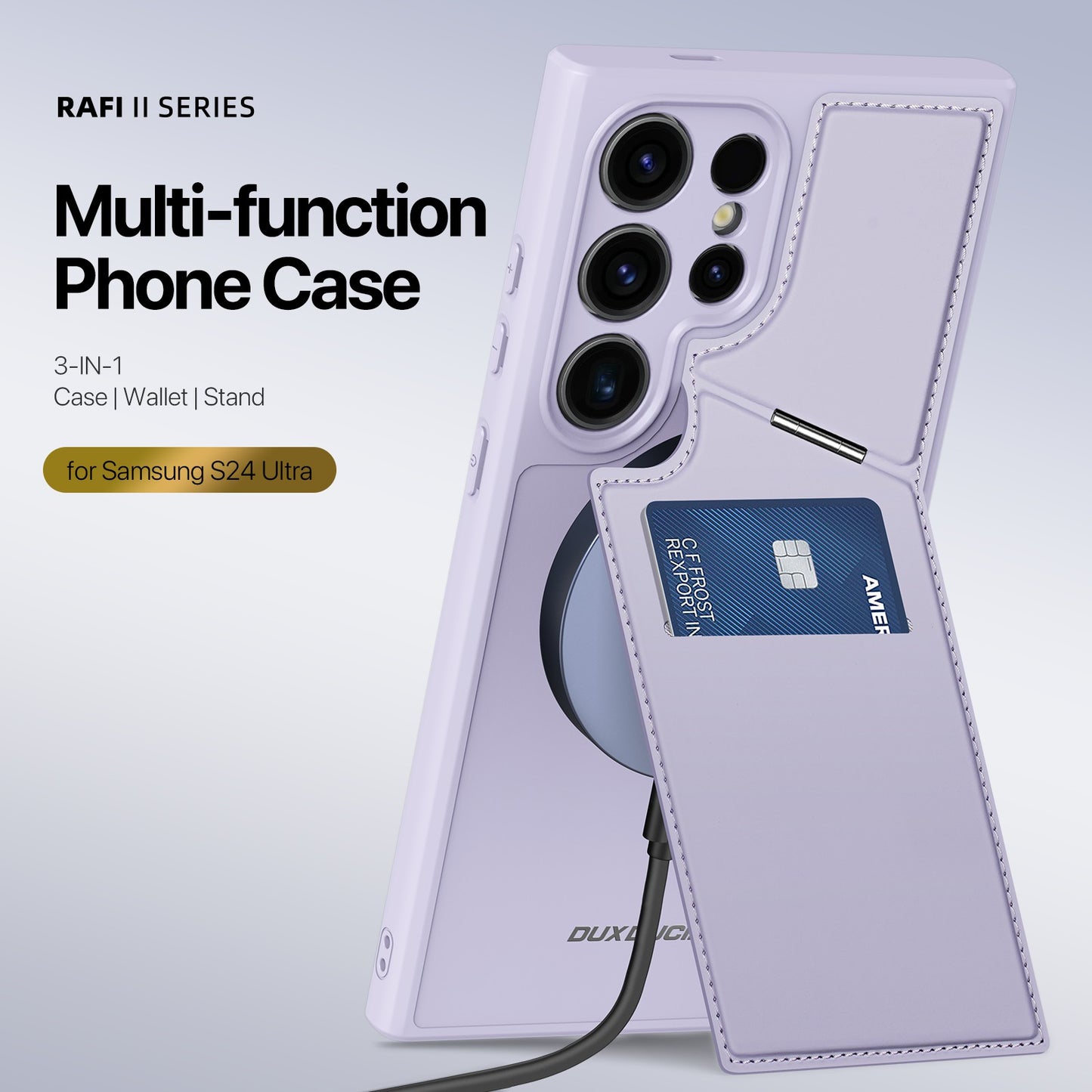DUX DUCIS Rafi II Series Magnetic Purple Phone Case with Card Slots Kickstand - For Samsung Galaxy S24 Ultra