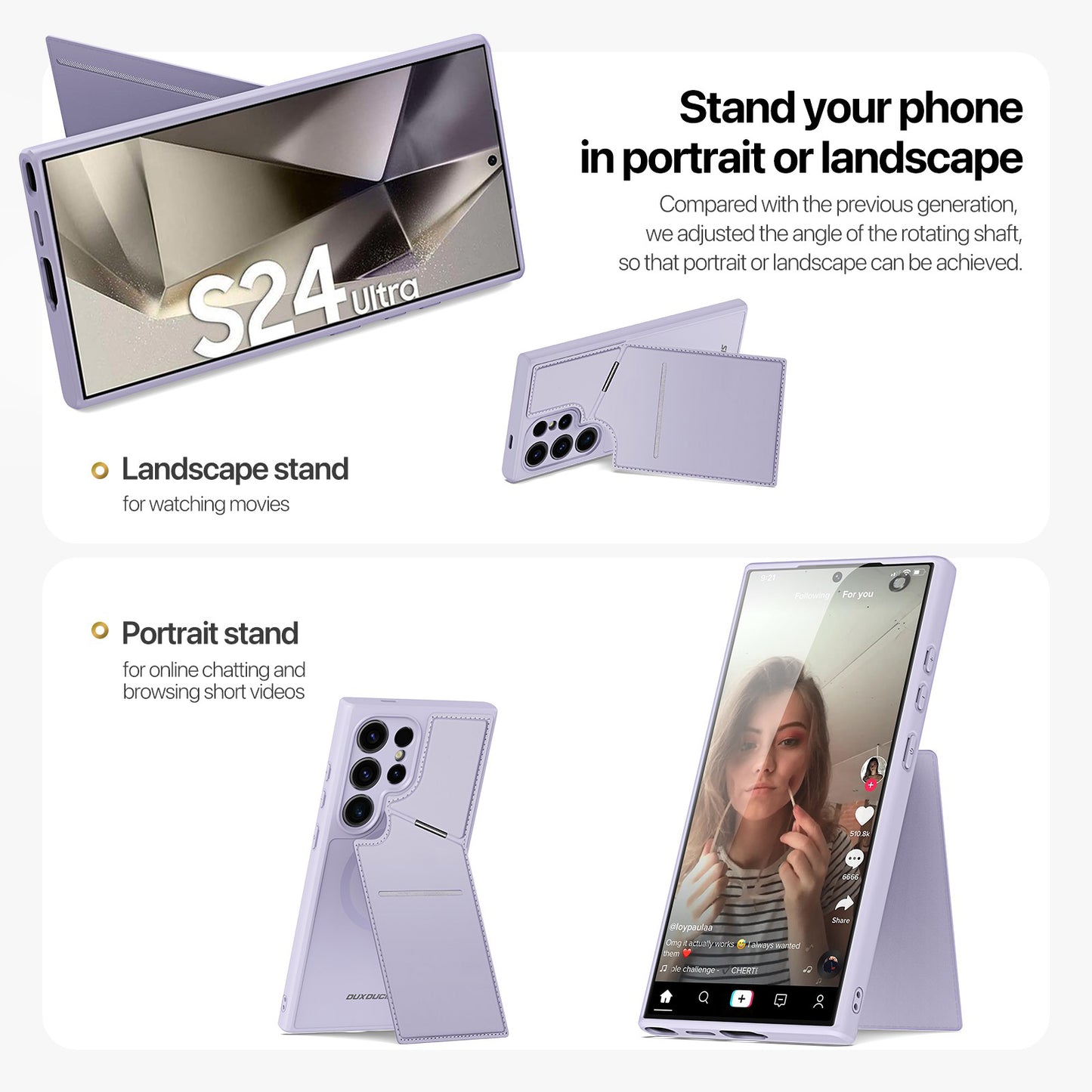 DUX DUCIS Rafi II Series Magnetic Purple Phone Case with Card Slots Kickstand - For Samsung Galaxy S24 Ultra