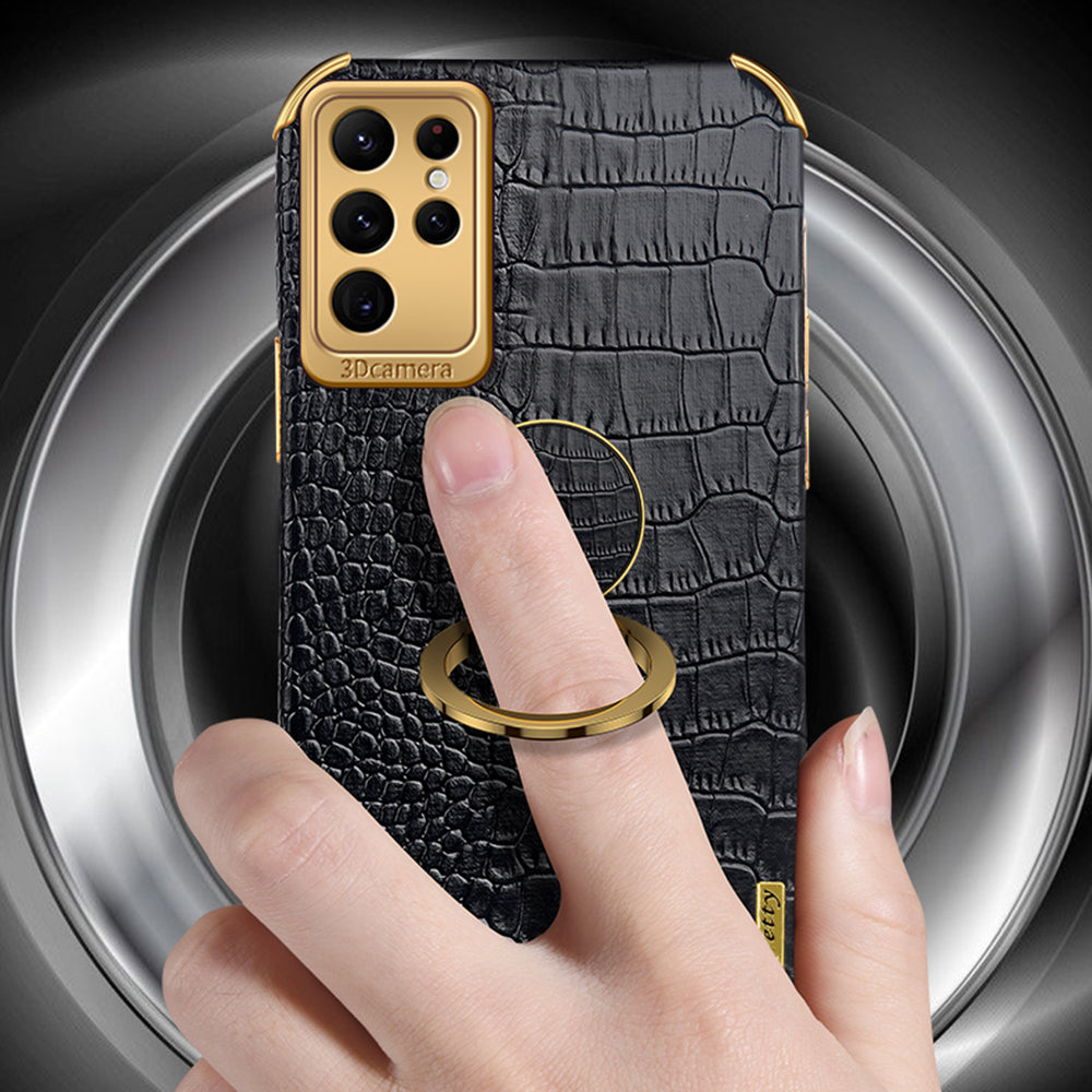 Crocodile Texture Ring Kickstand Leather + TPU Black Phone Case Cover - For Samsung Galaxy S24 Ultra