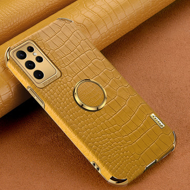 Crocodile Texture Ring Kickstand Leather + TPU Yellow Phone Case Cover - For Samsung Galaxy S24 Ultra