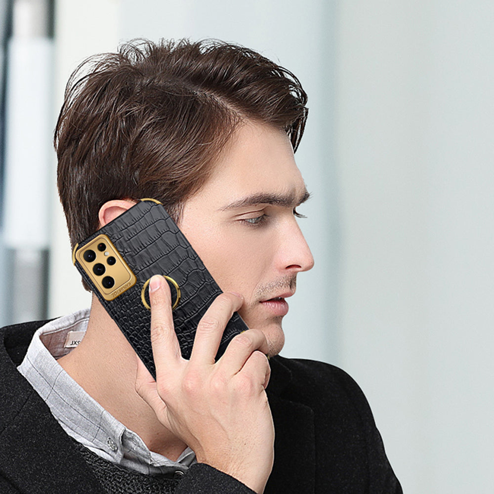 Crocodile Texture Ring Kickstand Leather + TPU Yellow Phone Case Cover - For Samsung Galaxy S24 Ultra