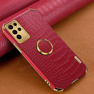 Crocodile Texture Ring Kickstand Leather + TPU Red Phone Case Cover - For Samsung Galaxy S24 Ultra