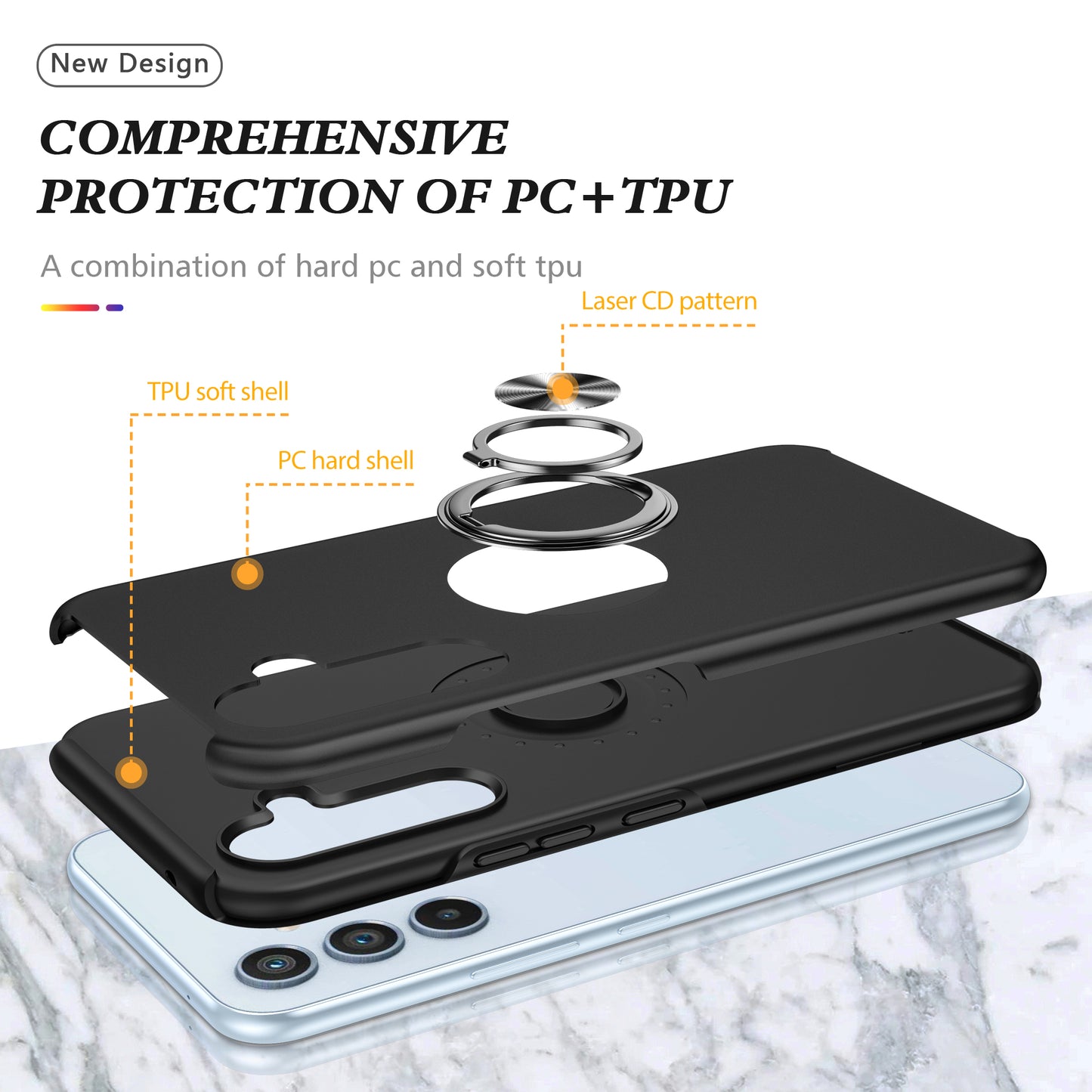 PC + TPU Ring Kickstand Mobile Phone Black Case - For Samsung Galaxy S24