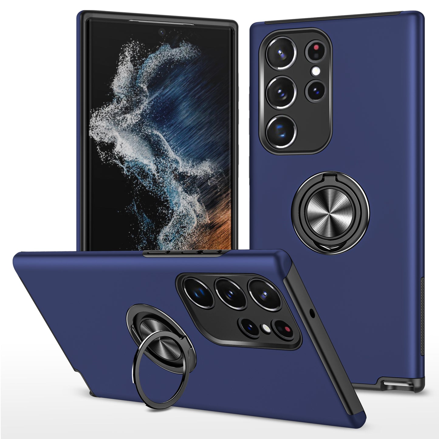 Anti-scratch Ring Kickstand Blue Back Shell - For Samsung Galaxy S24 Ultra