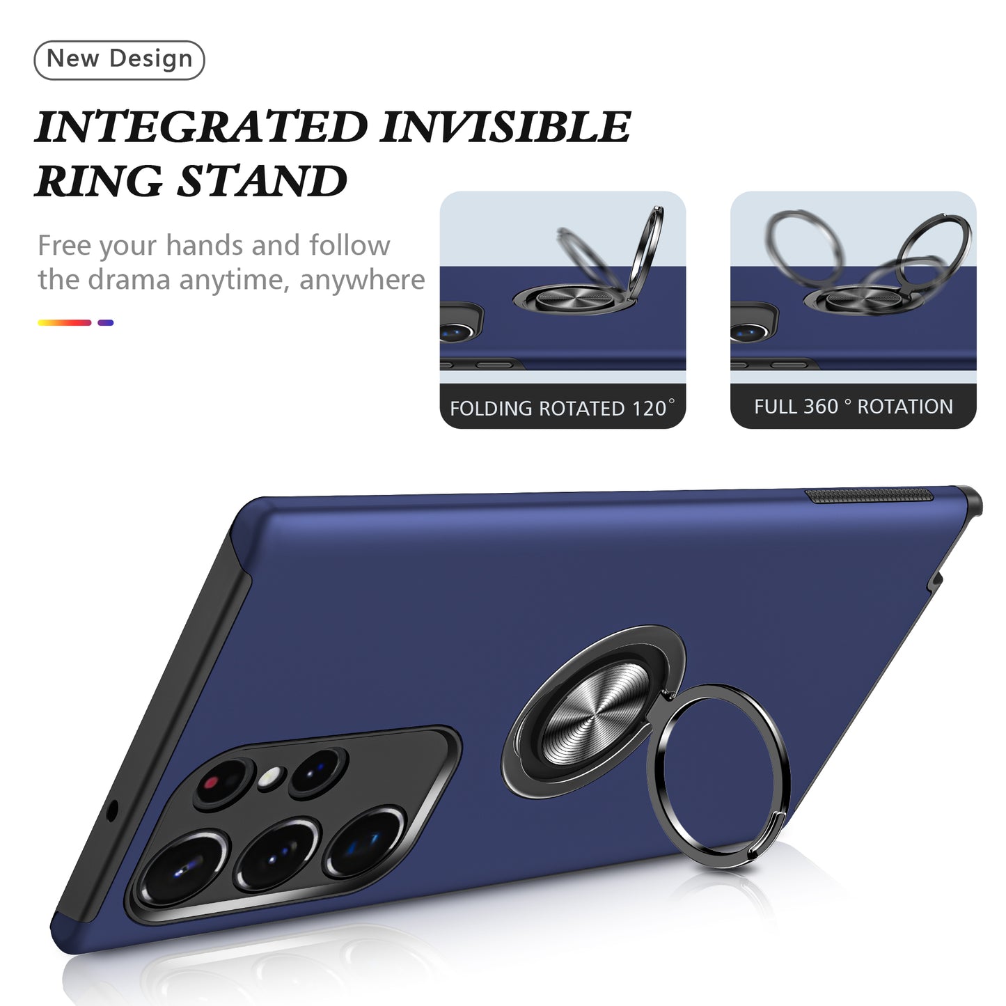 Anti-scratch Ring Kickstand Blue Back Shell - For Samsung Galaxy S24 Ultra