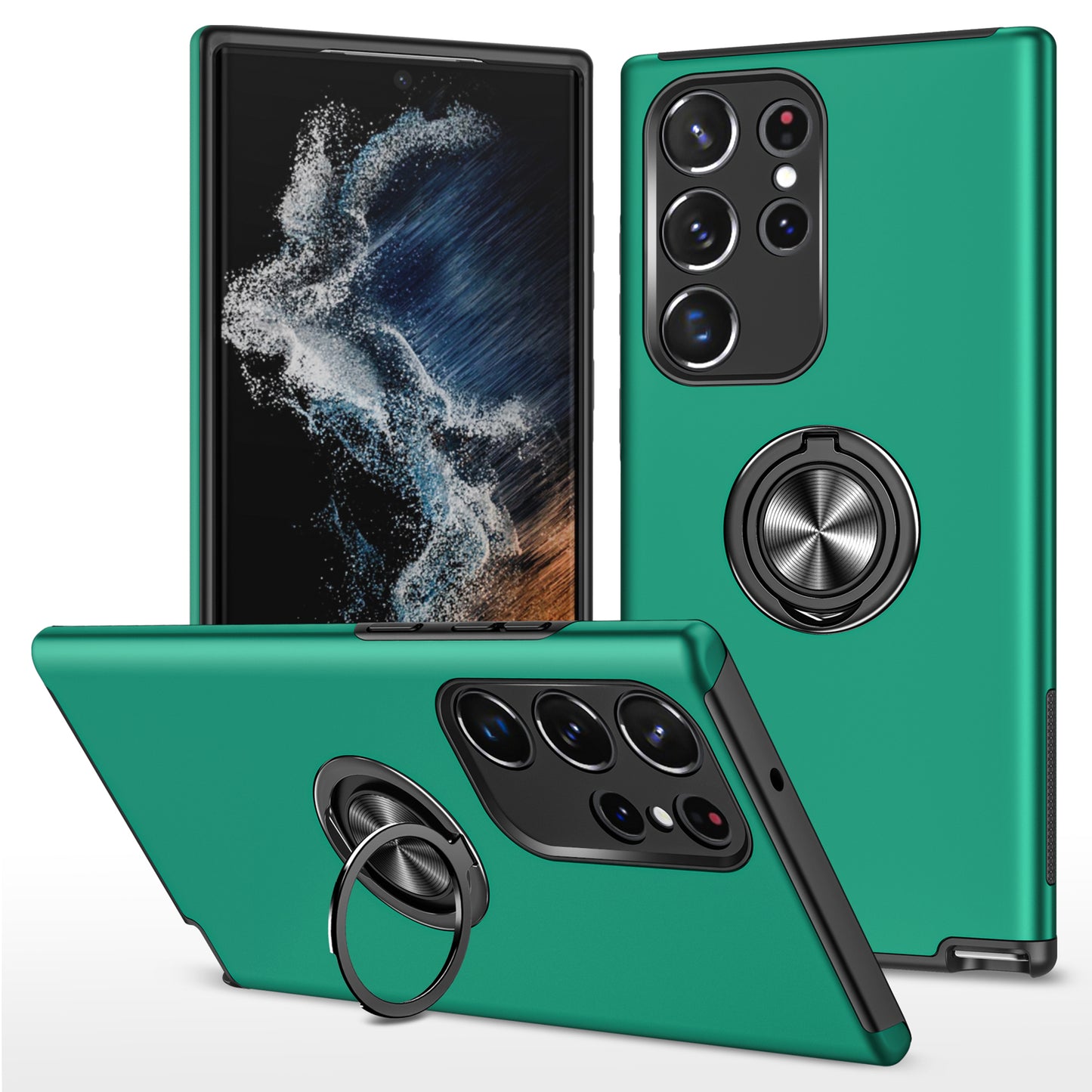 Anti-scratch Ring Kickstand Green Back Shell - For Samsung Galaxy S24 Ultra