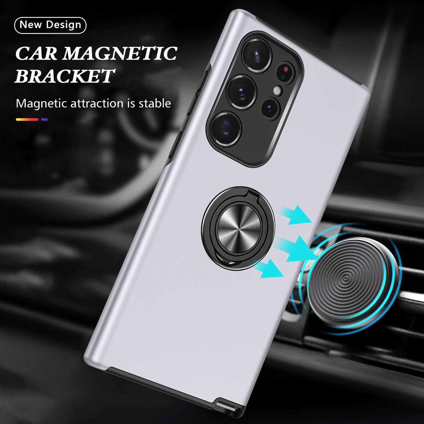 Anti-scratch Ring Kickstand Silver Back Shell - For Samsung Galaxy S24 Ultra