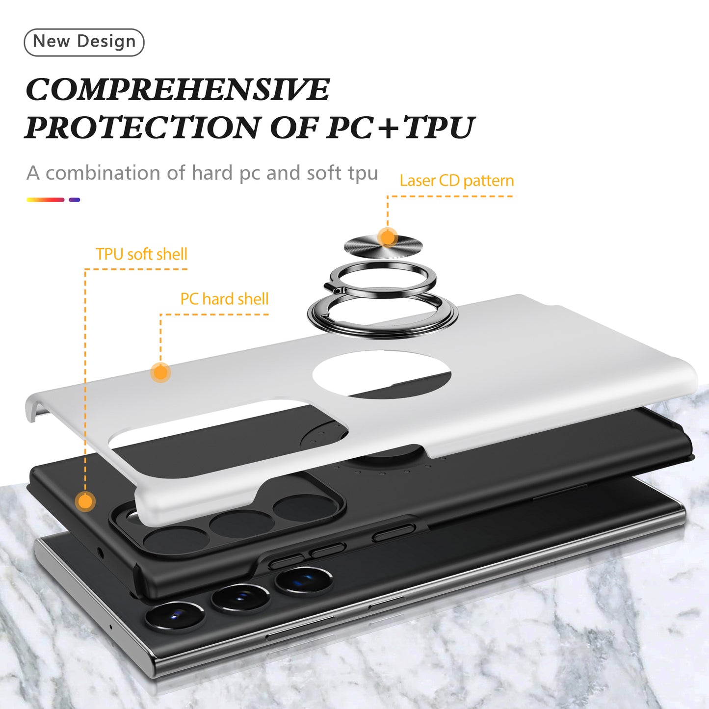 Anti-scratch Ring Kickstand Silver Back Shell - For Samsung Galaxy S24 Ultra