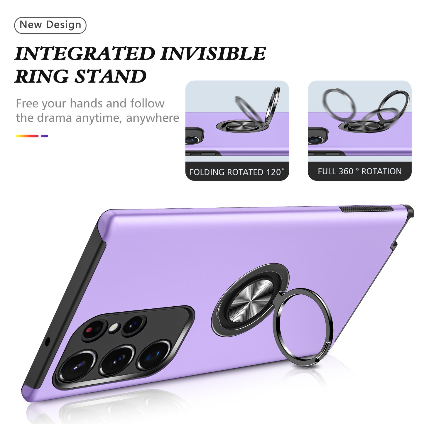 Anti-scratch Ring Kickstand Purple Back Shell - For Samsung Galaxy S24 Ultra
