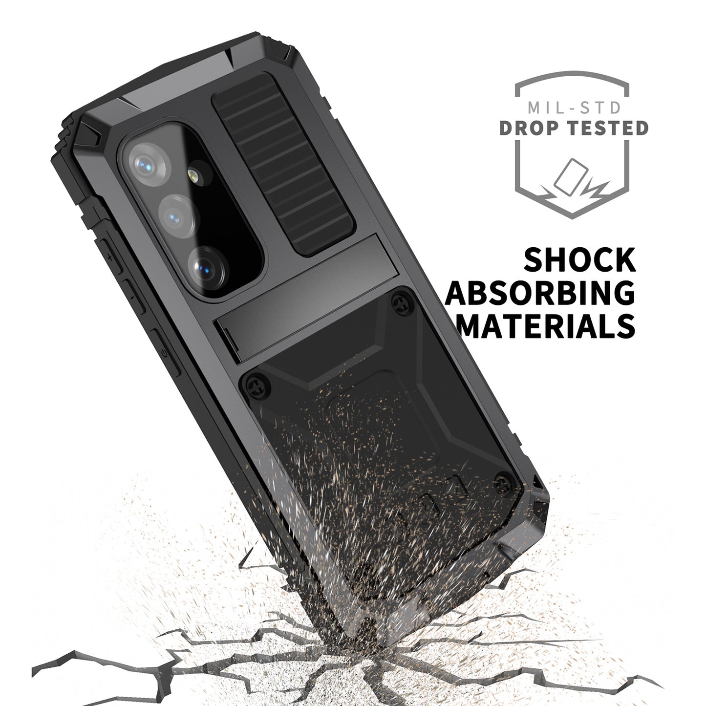 R-JUST Black Phone Case Kickstand Cover Built-in Tempered Glass Screen Protector - For Samsung Galaxy S24+