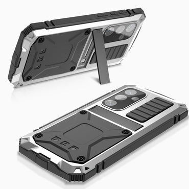 R-JUST Silver Phone Case Kickstand Cover Built-in Tempered Glass Screen Protector - For Samsung Galaxy S24+