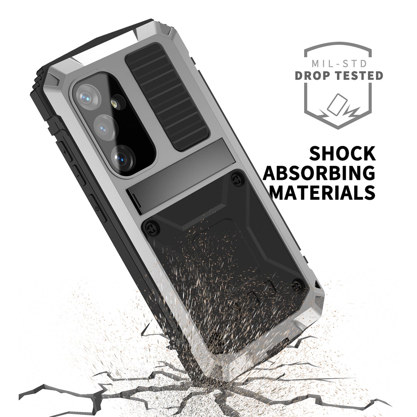 R-JUST Silver Phone Case Kickstand Cover Built-in Tempered Glass Screen Protector - For Samsung Galaxy S24+