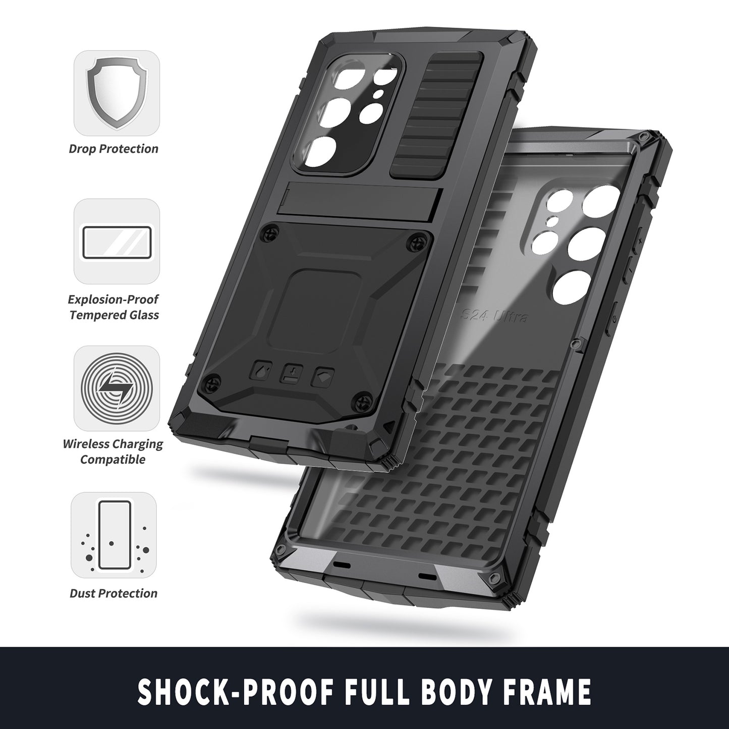 R-JUST Black Phone Case Full Protection Cover with Kickstand - For Samsung Galaxy S24 Ultra