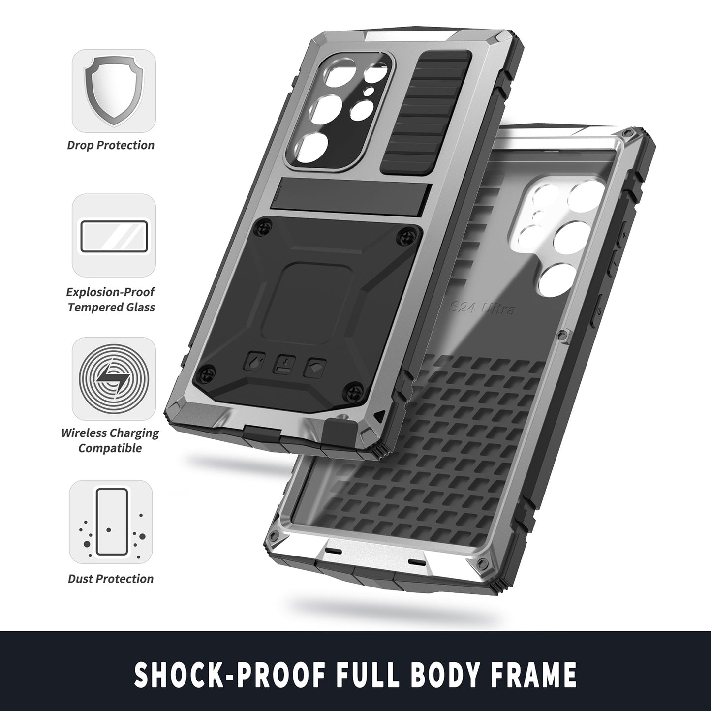 R-JUST Silver Phone Case Full Protection Cover with Kickstand - For Samsung Galaxy S24 Ultra