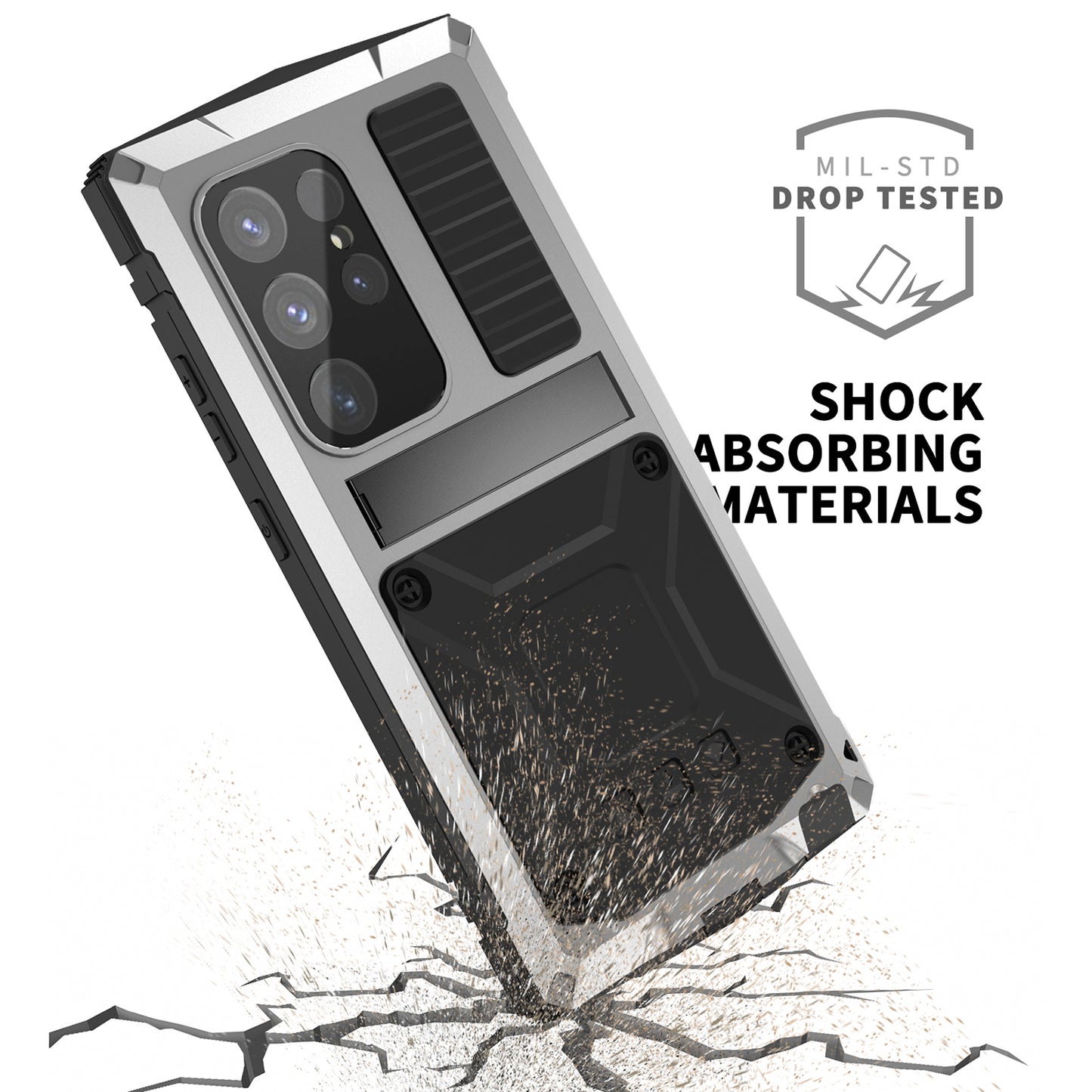 R-JUST Silver Phone Case Full Protection Cover with Kickstand - For Samsung Galaxy S24 Ultra